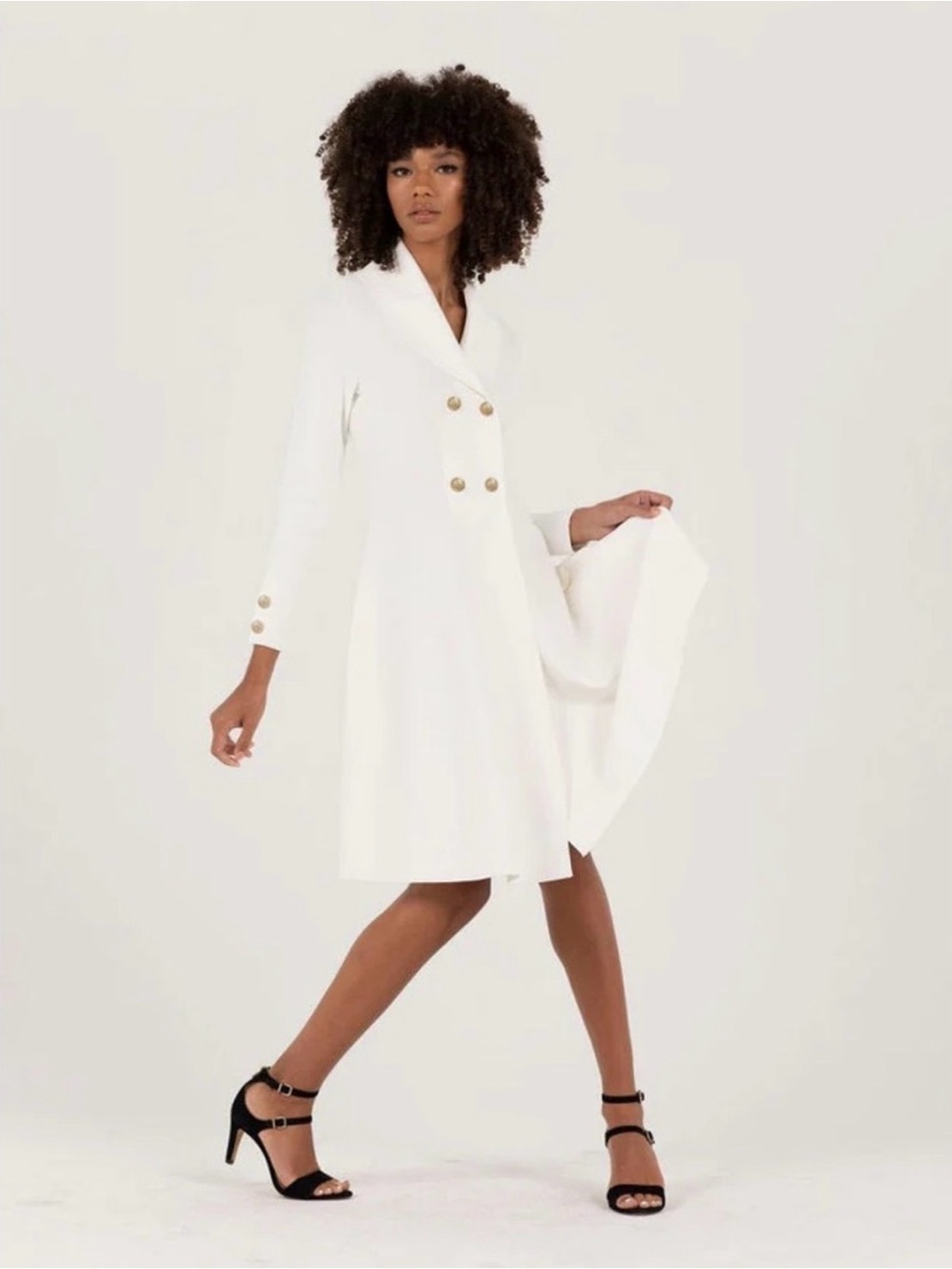 Double-Breasted White Long-Sleeve A-Line Dress